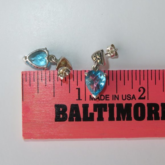 Heart Blue Topaz Sterling Silver Marcasites Post Back Earrings - Picture 14 of 15